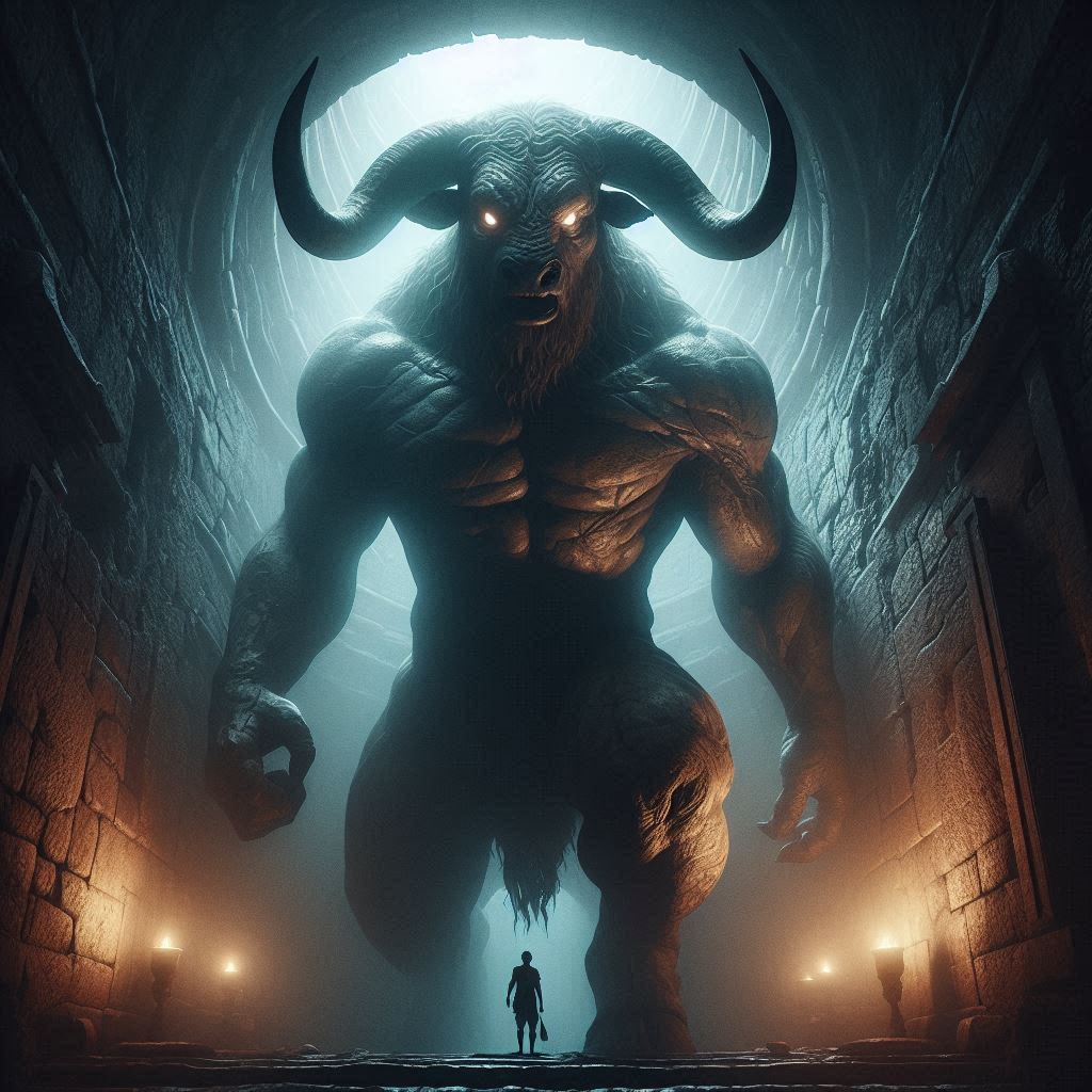 Cuento de Teseo y el Minotauro; En el interior del laberinto, un gigantesco Minotauro con cuerpo humano y cabeza de toro aparece frente a Teseo. La criatura está rodeada de oscuridad, con ojos brillantes llenos de furia. El Minotauro tiene cuernos largos y afilados, y su cuerpo musculoso está cubierto de sudor y tierra. La luz tenue entra desde lo alto, iluminando su figura aterradora en el corazón del laberinto.