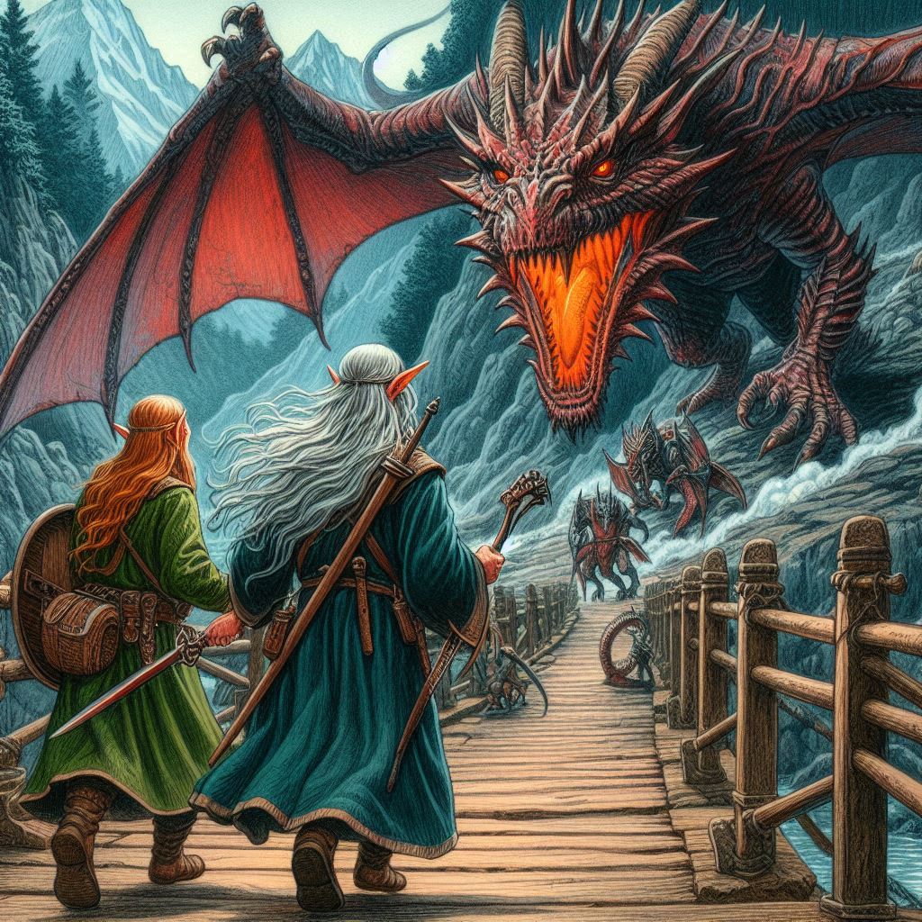 Cuento de los elfos y los enanos mágicos: se encontraron con un dragón que protegía un puente que debían cruzar para llegar al templo.