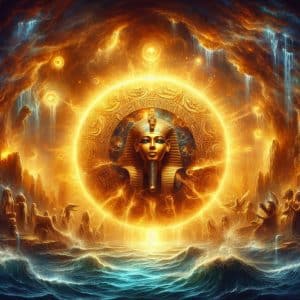 El mito de Ra y el nacimiento de los dioses. Ra emergiendo del caos primigenio: Una escena mística donde Ra, representado como un disco solar radiante con un rostro humano, surge de las aguas oscuras del Nun, el caos original. Alrededor, el agua se agita suavemente y la luz dorada irradia desde Ra, iluminando el inicio del cosmos con tonos cálidos y dorados.