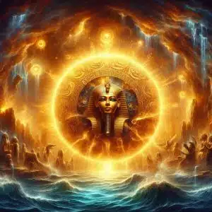 El mito de Ra y el nacimiento de los dioses. Ra emergiendo del caos primigenio: Una escena mística donde Ra, representado como un disco solar radiante con un rostro humano, surge de las aguas oscuras del Nun, el caos original. Alrededor, el agua se agita suavemente y la luz dorada irradia desde Ra, iluminando el inicio del cosmos con tonos cálidos y dorados.