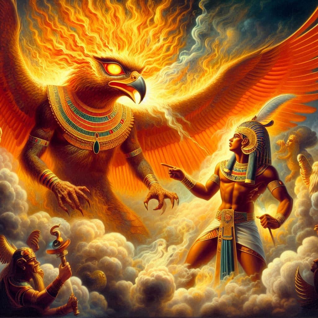 El mito de Ra y el nacimiento de los dioses: El encuentro de Shu y Tefnut con el Ojo divino de Ra: Una imagen que muestra al dios Ra enviando su poderoso Ojo, representado como un halcón ardiente con ojos brillantes, en busca de sus hijos Shu y Tefnut, dioses del aire y la humedad. Shu aparece como una figura masculina con plumas, y Tefnut como una diosa femenina, ambos emergiendo entre nubes y vapor.
