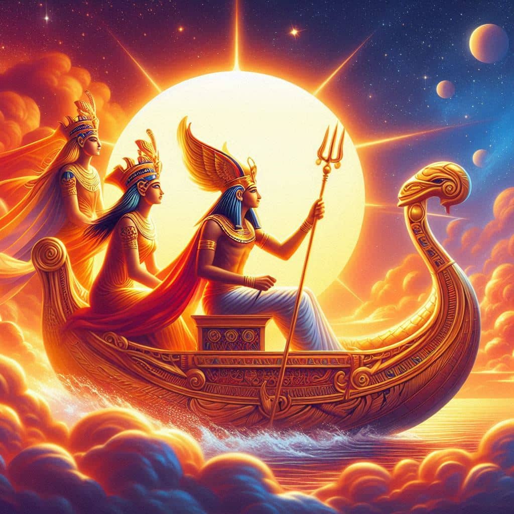 El mito de Ra y el nacimiento de los dioses: La barca solar de Ra cruzando el cielo al amanecer: Una ilustración vibrante donde Ra navega en su barca dorada a través del cielo al amanecer, con el sol brillando intensamente sobre él. A los lados, Nut, la diosa del cielo, arquea su cuerpo estrellado, y Geb, el dios de la tierra, se extiende bajo la barca, representando el ciclo eterno del día y la noche.