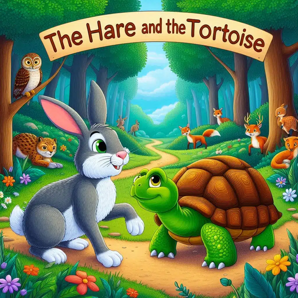 La Fábula de La liebre y la tortuga constancia y el esfuerzo: Ilustración vibrante y alegre en estilo infantil. La liebre y la tortuga aparecen en el centro, en una pose amistosa: la liebre aún con actitud confiada, y la tortuga tranquila y decidida. De fondo, un camino que serpentea por el bosque, con flores, árboles y algunos animales del bosque mirando desde lejos (como búhos, ciervos y zorros). En la parte superior, el título "La liebre y la tortuga" con letras grandes y coloridas como si fuera portada de cuento. Estilo cartoon o acuarela digital, con enfoque en público infantil (3 a 10 años), colores cálidos y expresivos.