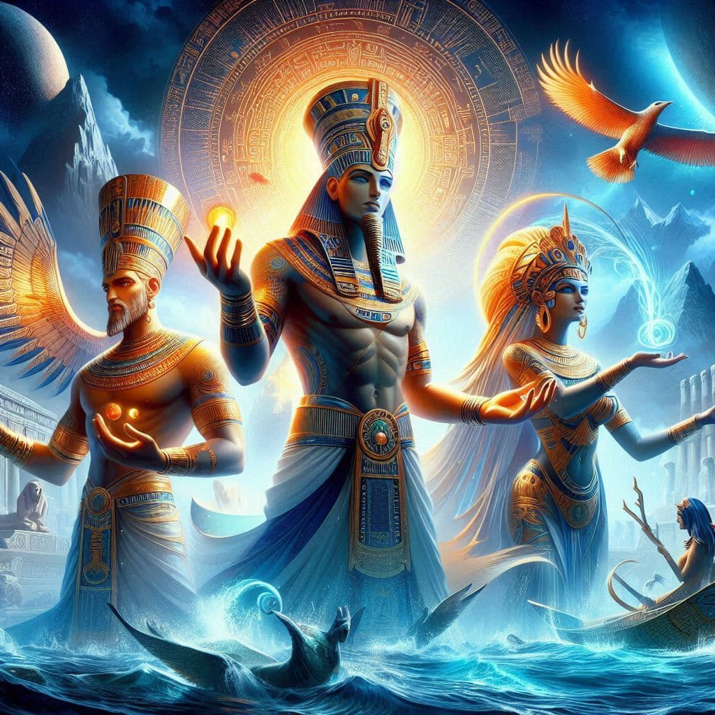 La creación del mundo por Atum: usó su aliento y su saliva para dar vida a sus primeros dos hijos: Shu, el dios del aire, y Tefnut, la diosa de la humedad y el agua.