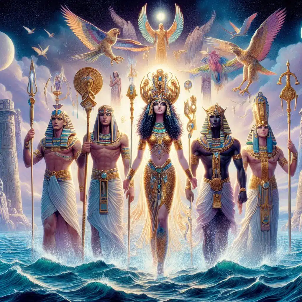 La creación del mundo por Atum: Nut, desde lo alto del cielo, comenzó a dar a luz a cinco hijos muy especiales. Estos dioses formarían la siguiente generación y protagonizarían otras grandes leyendas de la mitología egipcia. Sus nombres eran: Osiris, Isis, Seth, Neftis y Horus el Viejo.