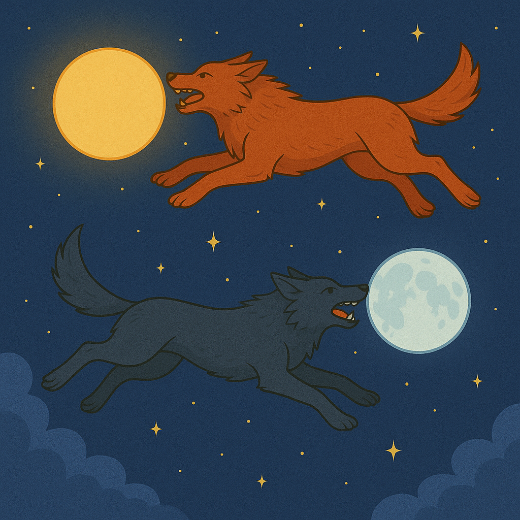 Sól y Máni: Cuento del Sol y la Luna para niños 2 El mito nórdico de Sól y Máni; Detrás de ellos corren dos lobos aterradores: Sköll y Hati. Sköll persigue a Sól, y Hati corre detrás de Máni