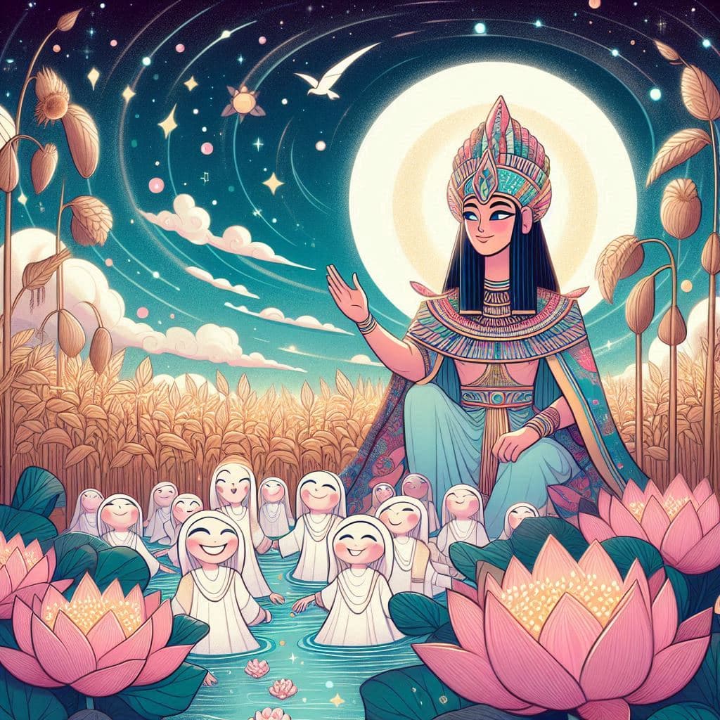 El juicio de Osiris y el inicio del inframundo: mito egipcio para niños. Osiris como rey del inframundo, rodeado de flores de loto, con un cielo estrellado y almas felices caminando hacia el campo de juncos. Ambiente de paz y esperanza. Estilo amable y alegre, para niños.