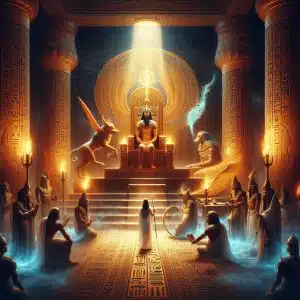 El juicio de Osiris y el inicio del inframundo: mito egipcio para niños. Un salón sagrado del antiguo Egipto, iluminado por antorchas, donde Osiris, sentado en un trono dorado, observa solemnemente mientras Anubis guía a una figura humana hacia una gran balanza. A un lado, la pluma de Maat brilla con luz mística; al otro, el corazón del difunto. Thot, el escriba, anota en un papiro. Detrás, se ven jeroglíficos, columnas decoradas y un fondo etéreo que sugiere el umbral entre el mundo de los vivos y el Duat (el inframundo egipcio).