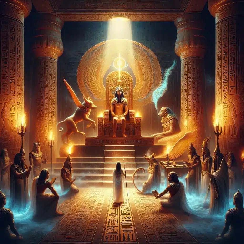 El juicio de Osiris y el inicio del inframundo: mito egipcio para niños. Un salón sagrado del antiguo Egipto, iluminado por antorchas, donde Osiris, sentado en un trono dorado, observa solemnemente mientras Anubis guía a una figura humana hacia una gran balanza. A un lado, la pluma de Maat brilla con luz mística; al otro, el corazón del difunto. Thot, el escriba, anota en un papiro. Detrás, se ven jeroglíficos, columnas decoradas y un fondo etéreo que sugiere el umbral entre el mundo de los vivos y el Duat (el inframundo egipcio).
