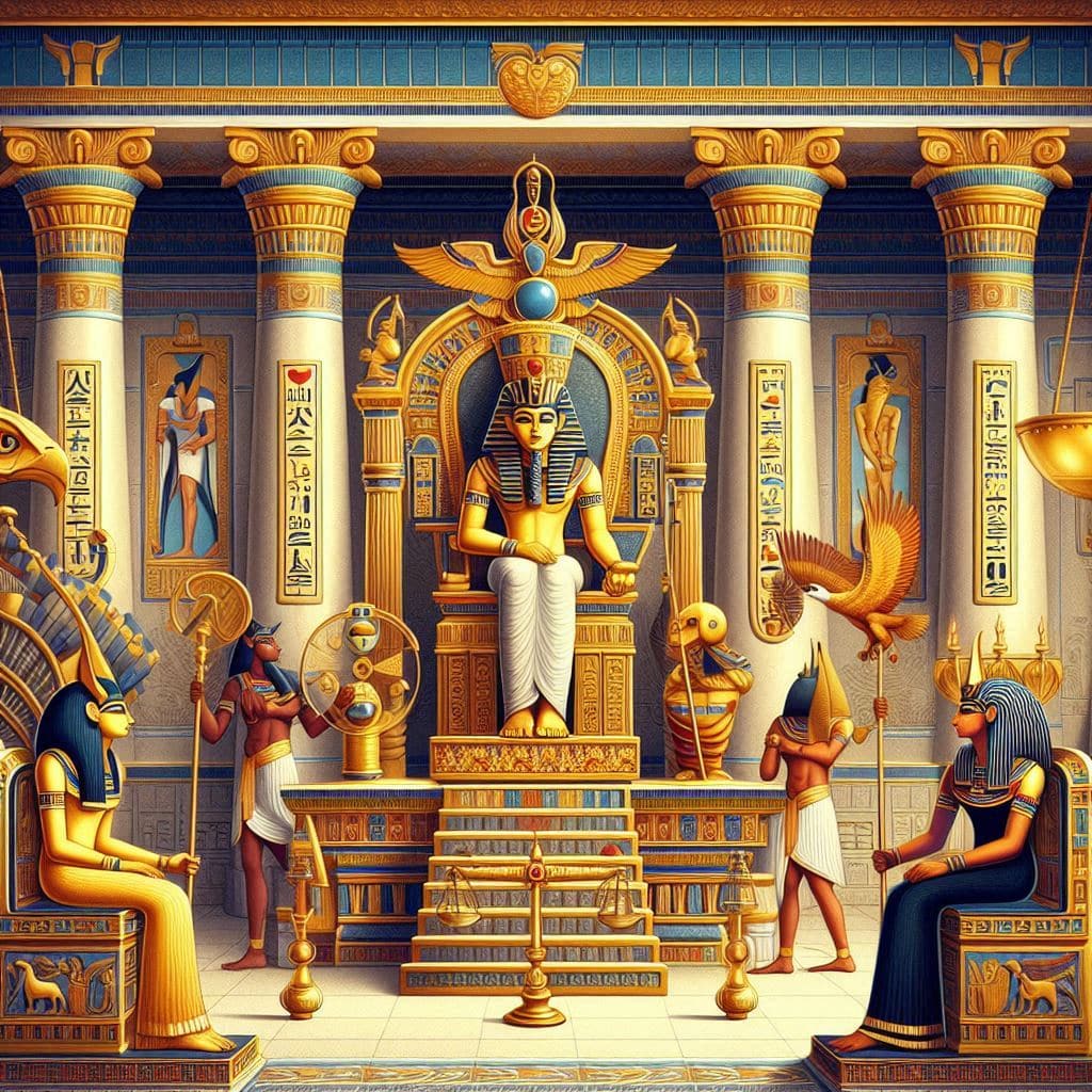 El juicio de Osiris y el inicio del inframundo: mito egipcio para niños. Sala de las Dos Verdades, con Osiris sentado en un trono dorado, Anubis guiando un alma, y una gran balanza con un corazón y una pluma. Ammut espera al lado con mirada vigilante. Decorado con jeroglíficos, columnas y dioses observando. Estilo detallado, educativo y colorido.
