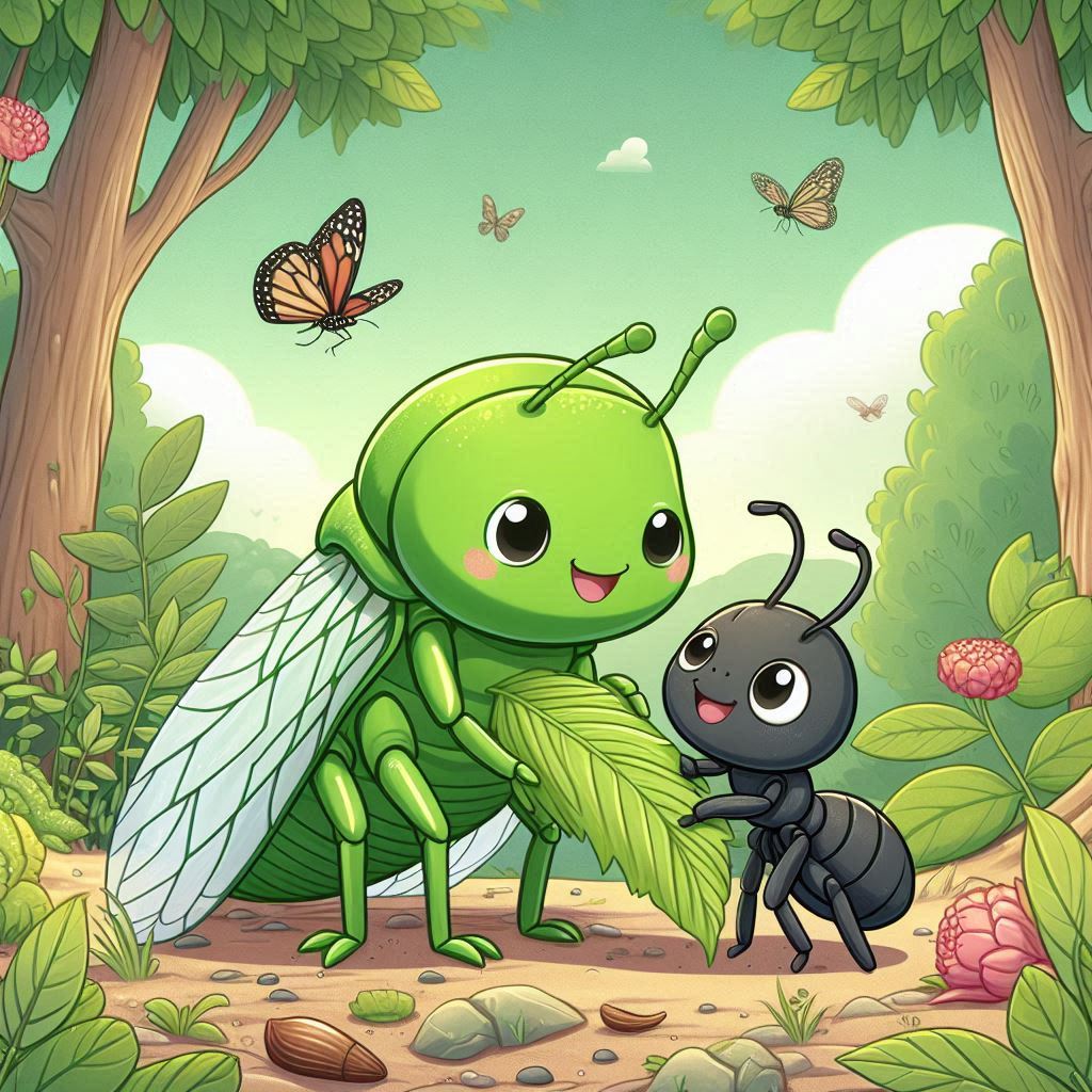 La cigarra y la hormiga: cuento infantil con moraleja. La cigarra y la hormiga recolectando alimentos juntas en primavera. Ambas sonrientes, la cigarra lleva una hoja y la hormiga una semilla. El bosque ha reverdecido y hay mariposas y flores alrededor.
