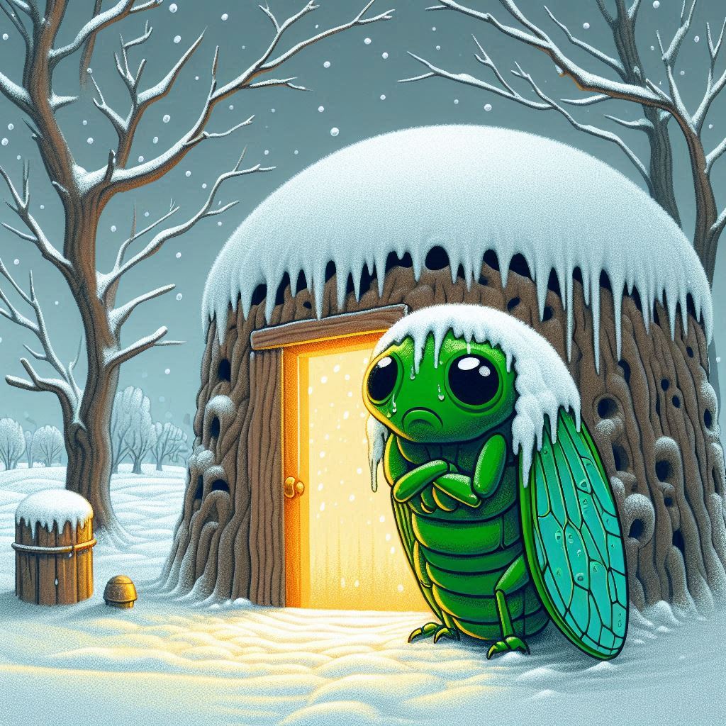 La cigarra y la hormiga: cuento infantil con moraleja. La cigarra con cara triste, tiritando de frío bajo la nieve, con árboles sin hojas y el cielo gris. Frente a ella, se ve la puerta del hormiguero iluminada desde dentro.
