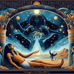 Ilustración mitológica egipcia de gran formato, con estilo artístico que combine lo educativo y lo mágico. Nut, representada como una diosa arqueada sobre el cielo estrellado, cubre la escena con su cuerpo azul oscuro lleno de estrellas doradas. Abajo, Geb, el dios de la tierra, aparece tumbado con un cuerpo marrón-ocre cubierto de vegetación. En el centro, Shu, dios del aire, separa a ambos con los brazos alzados. Fondo con jeroglíficos y un cielo claro entre Nut y Geb, transmitiendo la creación del mundo. Estilo limpio, colorido, elegante y apto para niños, con detalles inspirados en relieves egipcios y estilo de libro ilustrado infantil.