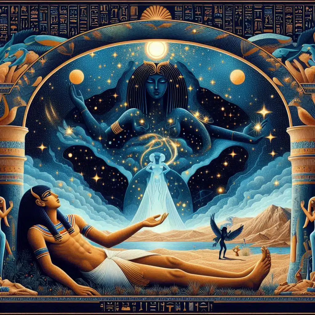 Ilustración mitológica egipcia de gran formato, con estilo artístico que combine lo educativo y lo mágico. Nut, representada como una diosa arqueada sobre el cielo estrellado, cubre la escena con su cuerpo azul oscuro lleno de estrellas doradas. Abajo, Geb, el dios de la tierra, aparece tumbado con un cuerpo marrón-ocre cubierto de vegetación. En el centro, Shu, dios del aire, separa a ambos con los brazos alzados. Fondo con jeroglíficos y un cielo claro entre Nut y Geb, transmitiendo la creación del mundo. Estilo limpio, colorido, elegante y apto para niños, con detalles inspirados en relieves egipcios y estilo de libro ilustrado infantil.