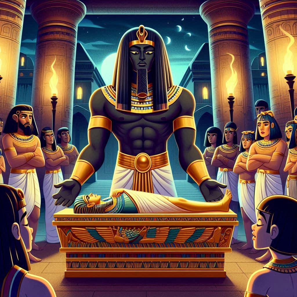 El juicio de Osiris y el inicio del inframundo: mito egipcio para niños. Escena mitológica egipcia: Seth con apariencia oscura y fuerte cierra un ataúd dorado donde yace Osiris, mientras los invitados de la fiesta miran con sorpresa. Fondo con columnas egipcias, antorchas, ambiente tenso y mágico. Estilo ilustrado tipo papiro animado, para público infantil.