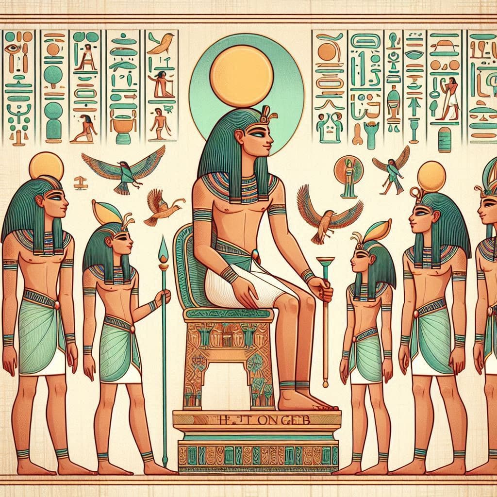 La separación de Nut y Geb: el mito egipcio del cielo y la tierra. Ilustración estilo papiro egipcio: Nut sobre Geb, y a su alrededor se muestran cinco dioses jóvenes en posiciones simbólicas: Osiris, Isis, Seth, Neftis y Horus el Viejo. Cada uno con su atuendo y símbolo característico, en un entorno mitológico con jeroglíficos suaves de fondo. Colorido y ordenado.