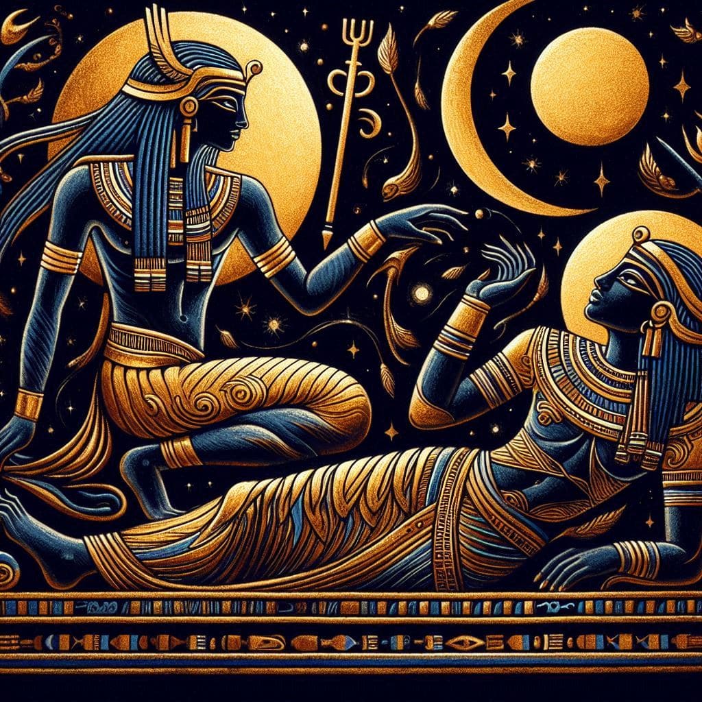 La separación de Nut y Geb: el mito egipcio del cielo y la tierra. Ilustración mitológica egipcia de estilo artístico tradicional. Nut, la diosa del cielo, aparece abrazada al dios Geb, recostado en la tierra. Ambos se ven unidos en una postura amorosa, con colores dorados y azul oscuro. Ambiente de caos primigenio, sin sol ni estrellas, sólo oscuridad mágica. Inspirado en relieves egipcios antiguos.