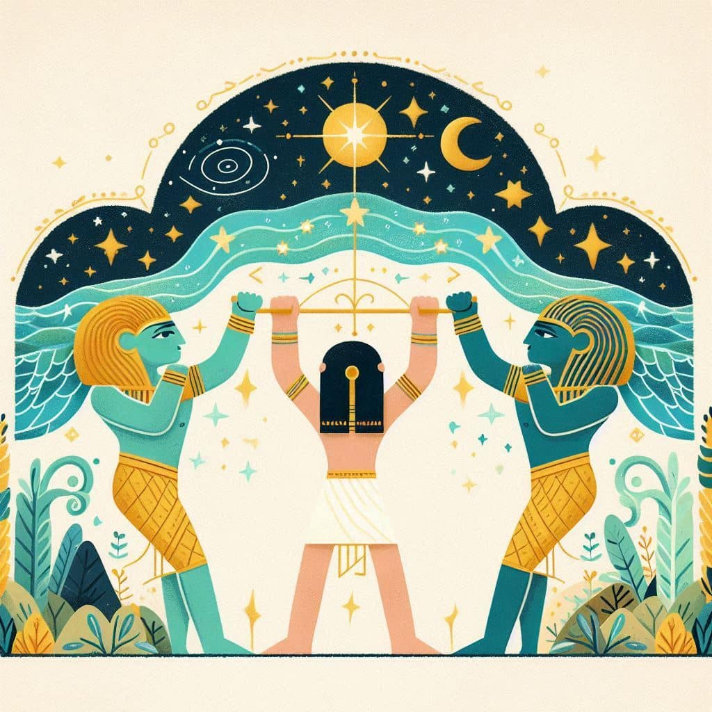La separación de Nut y Geb: el mito egipcio del cielo y la tierra. Imagen mitológica egipcia con estilo artístico infantil pero elegante. Shu, dios del aire, está entre Nut (arriba, arqueada en forma de cielo estrellado) y Geb (abajo, como tierra con vegetación). Shu los separa con los brazos alzados. Nut forma una bóveda celeste azul con estrellas doradas. Geb es marrón y verde con formas montañosas. Fondo claro, estilo educativo y simbólico.

