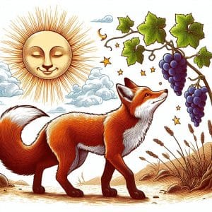 Fábula el zorro y las uvas; un zorro encuentra una parra con uvas