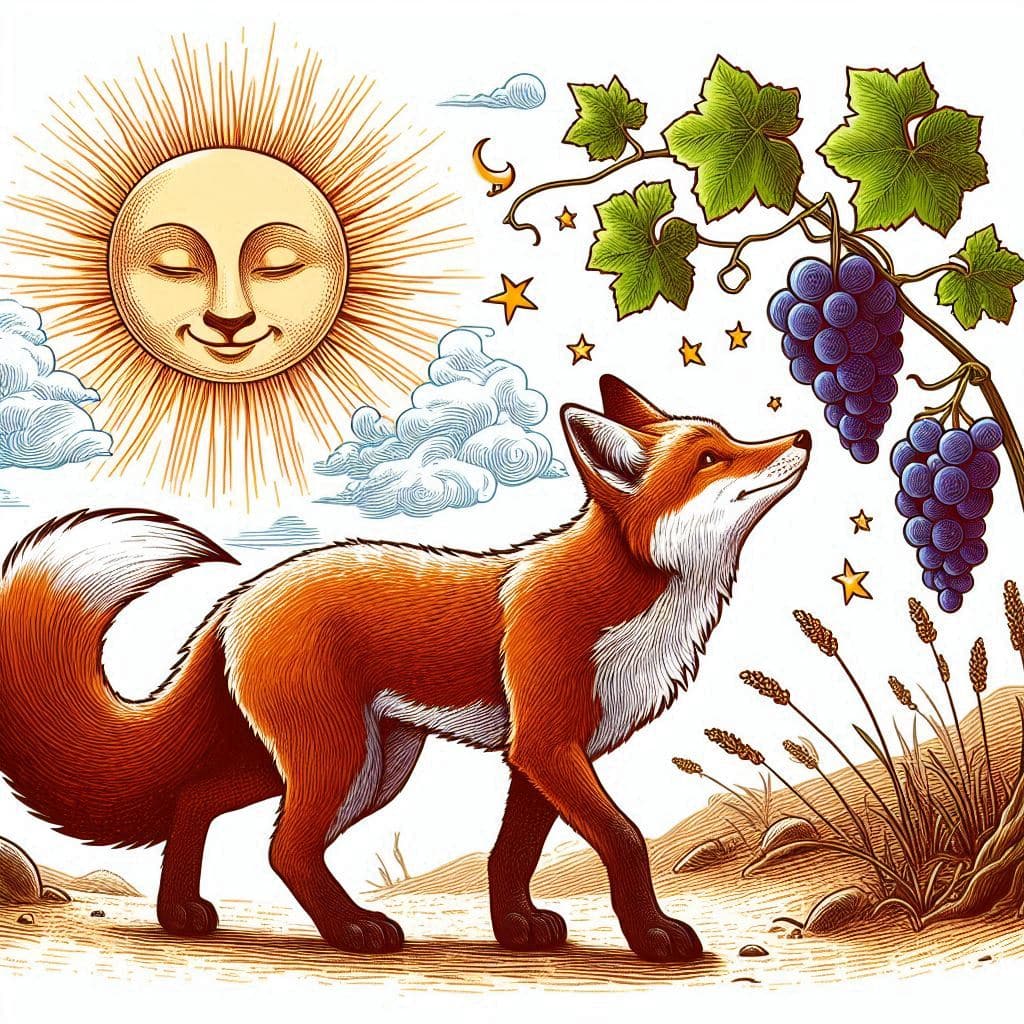 Fábula el zorro y las uvas; un zorro encuentra una parra con uvas