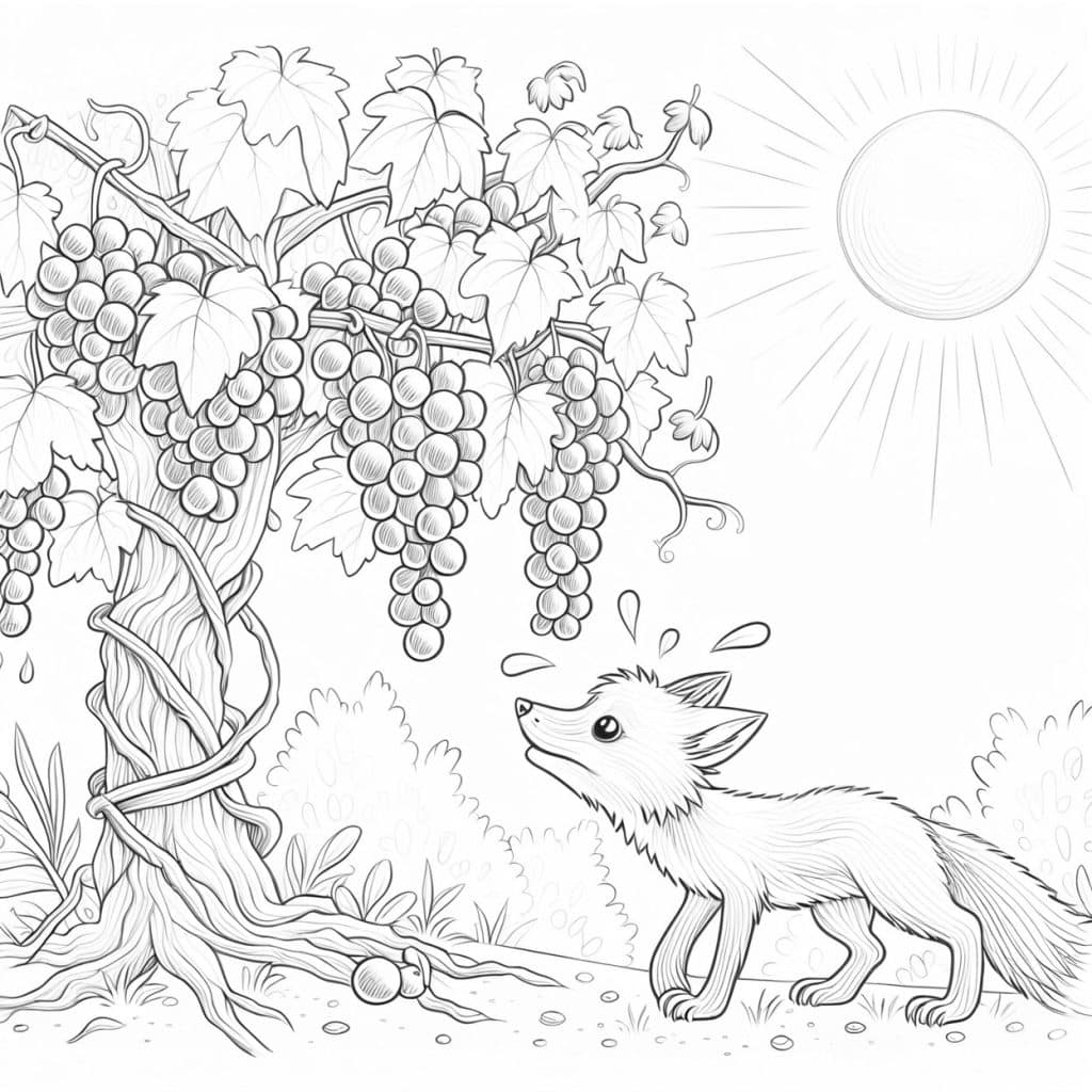 Dibujo para colorear: cuento el zorro y el racimo de uvas