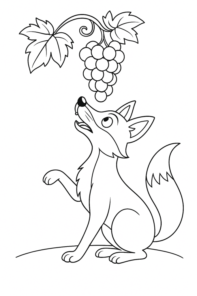 Dibujo para colorear: el zorro y el racimo de uvas fábula para niños
