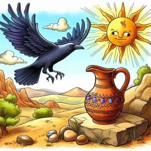 Fábula el cuervo y el cántaro para niños; un cuervo volando hasta un cántaro sobre una roca lleno de agua