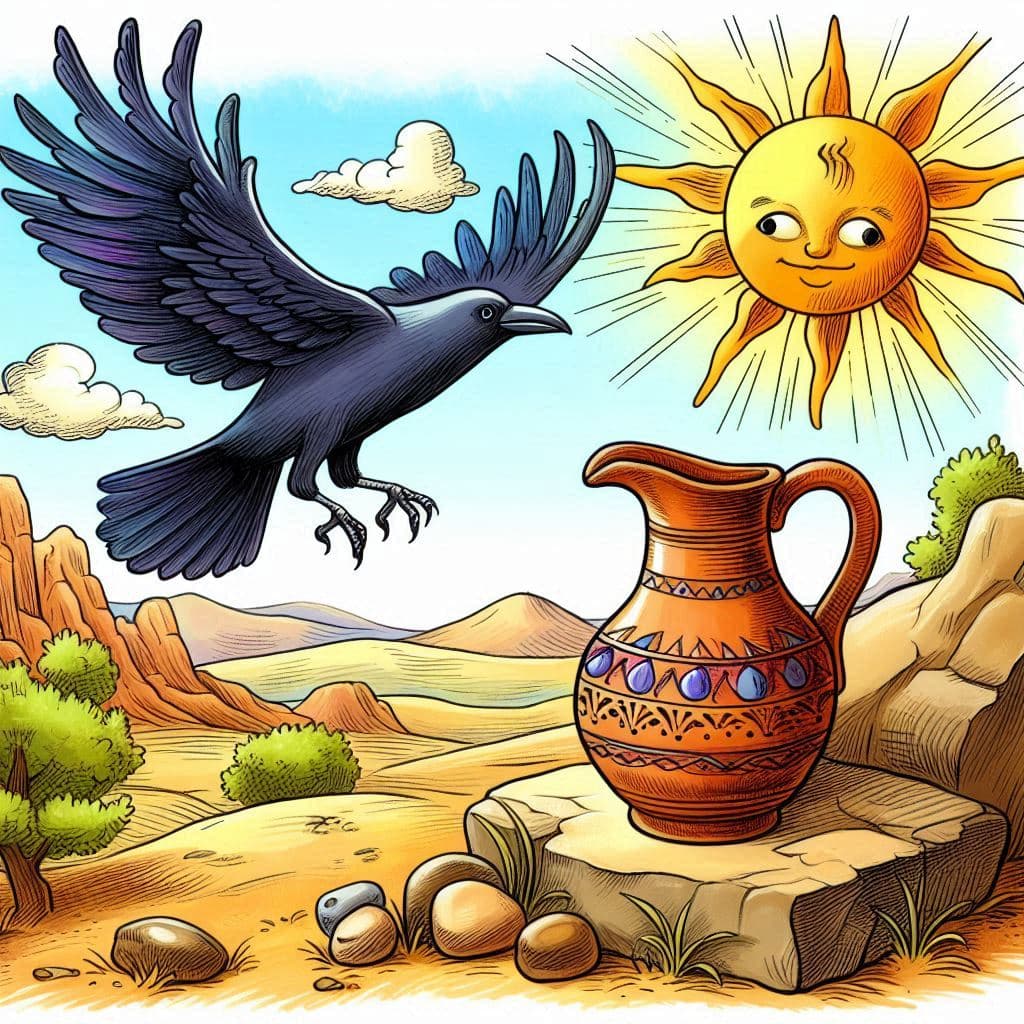 Fábula el cuervo y el cántaro para niños; un cuervo volando hasta un cántaro sobre una roca lleno de agua