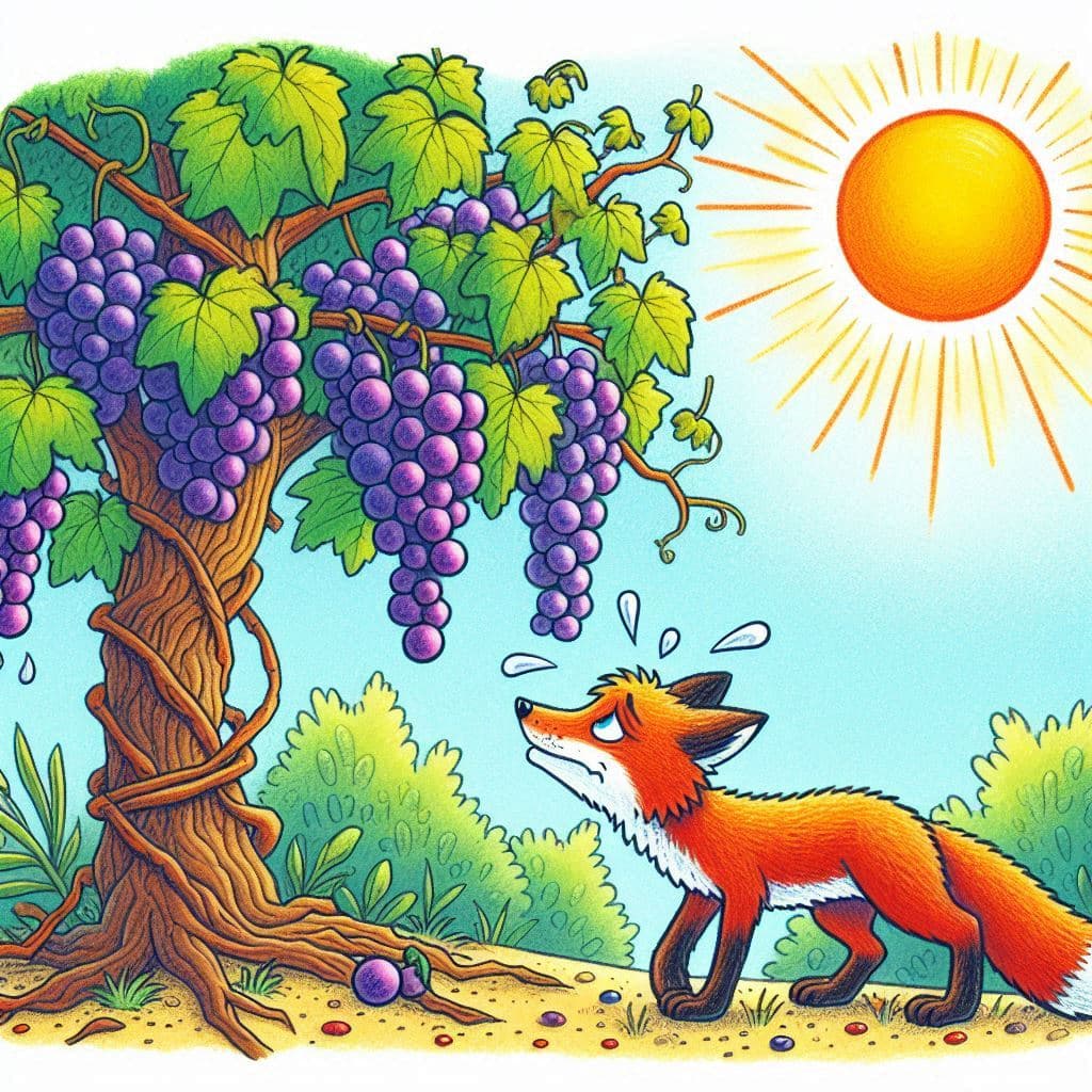El zorro y las uvas – Fábula contada para niños. Un zorro hambriento intentando llevar a las uvas de una parra