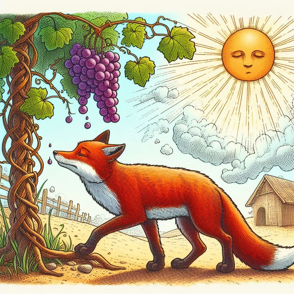Valores que transmiteel cuento El zorro y las uvas; un zorro intentando alcanzar unas uvas de una parra