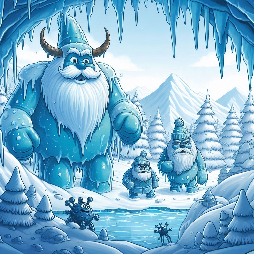 Gigantes de hielo saliendo de una montaña en el cuento de Thor y los gigantes del hielo para niños
