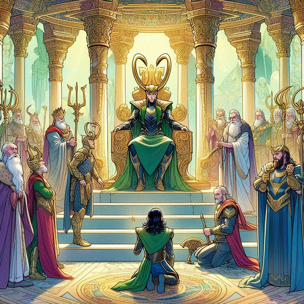 Juicio de Loki en Asgard con los dioses presentes en el cuento del juicio de Loki para niños
