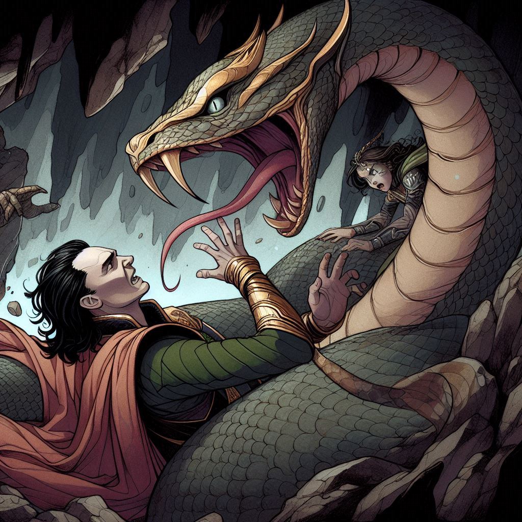 Loki encadenado con una serpiente venenosa en el cuento del juicio de Loki para niños