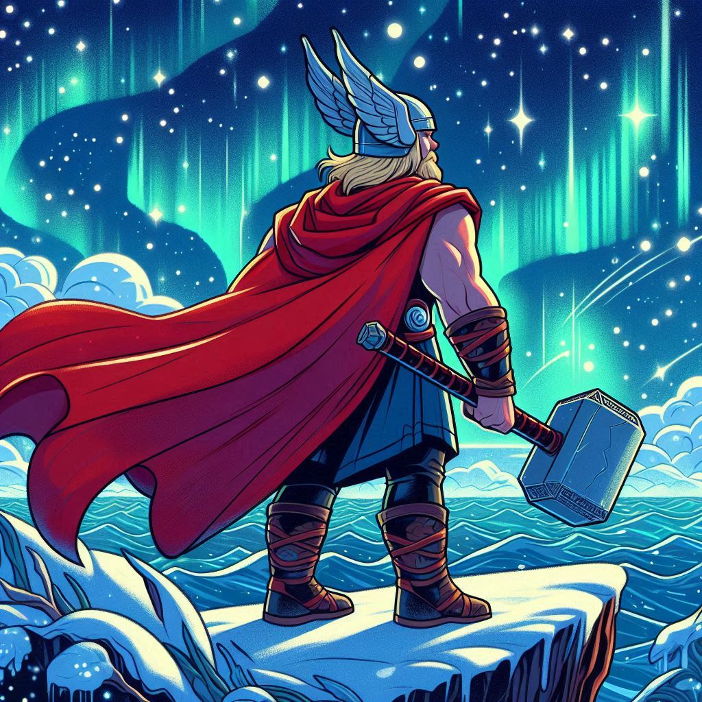 Thor con su martillo Mjölnir en un paisaje nevado en el cuento de Thor y los gigantes del hielo para niños
