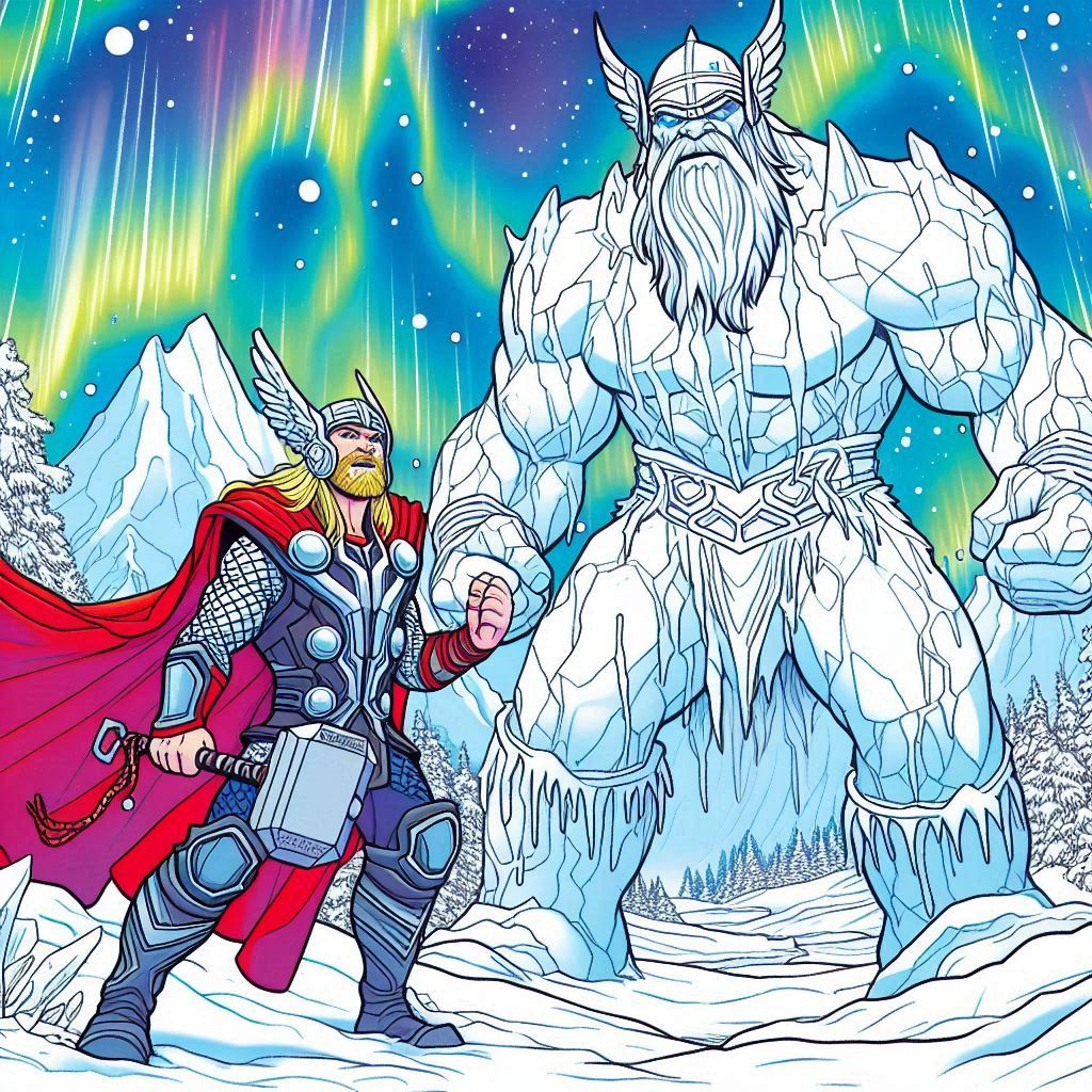 Thor enfrentando a un gigante de hielo sin violencia en el cuento de Thor y los gigantes del hielo para niños